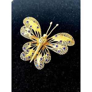 Vintage MCM Topazio Portugal Butterfly Brooch: 925 Sterling Vermeil, Blue Enamel